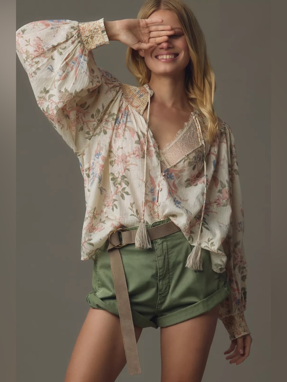 Anthropologie Long-Sleeve Smocked Lurex Top • Sz XS